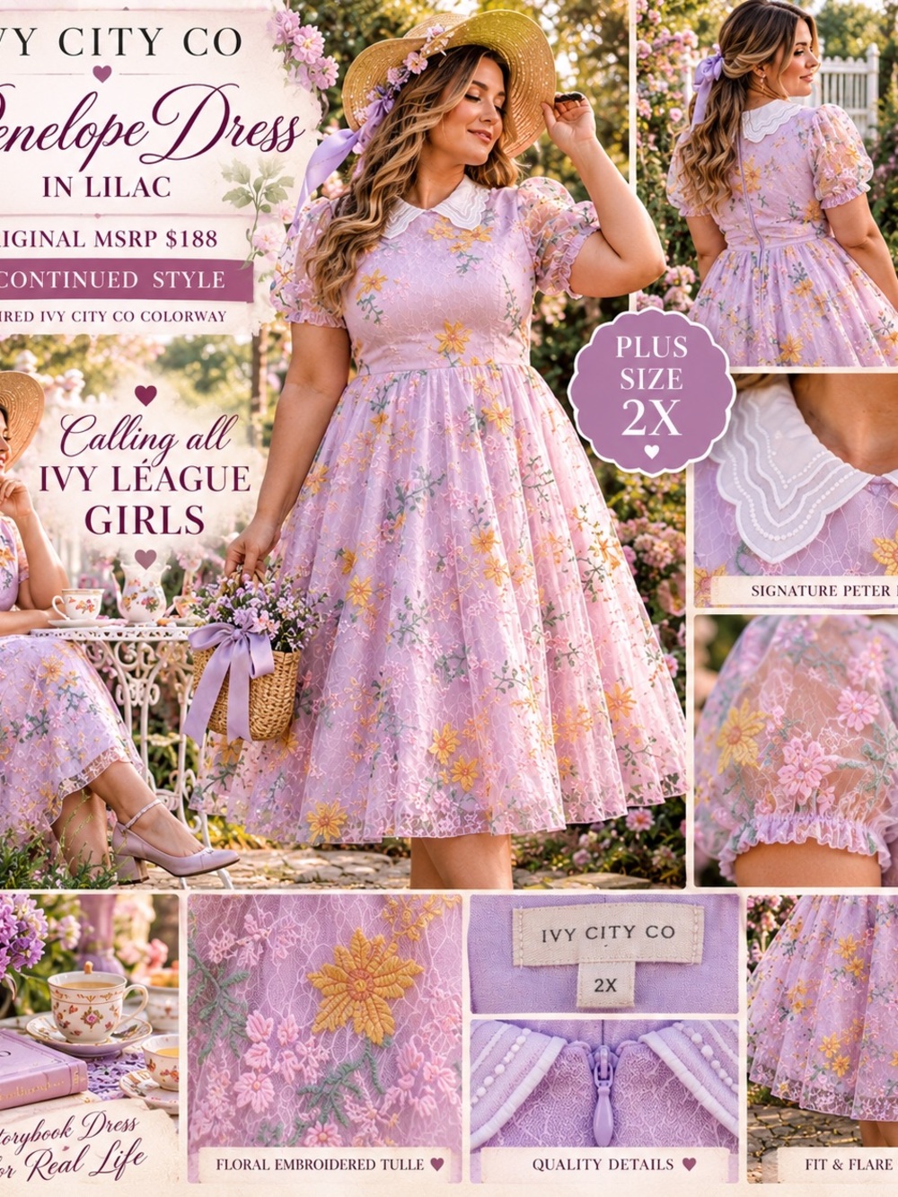 Ivy City Co Penelope Dress Lilac 2X Embroidered Floral Tulle Collar HTF Rare